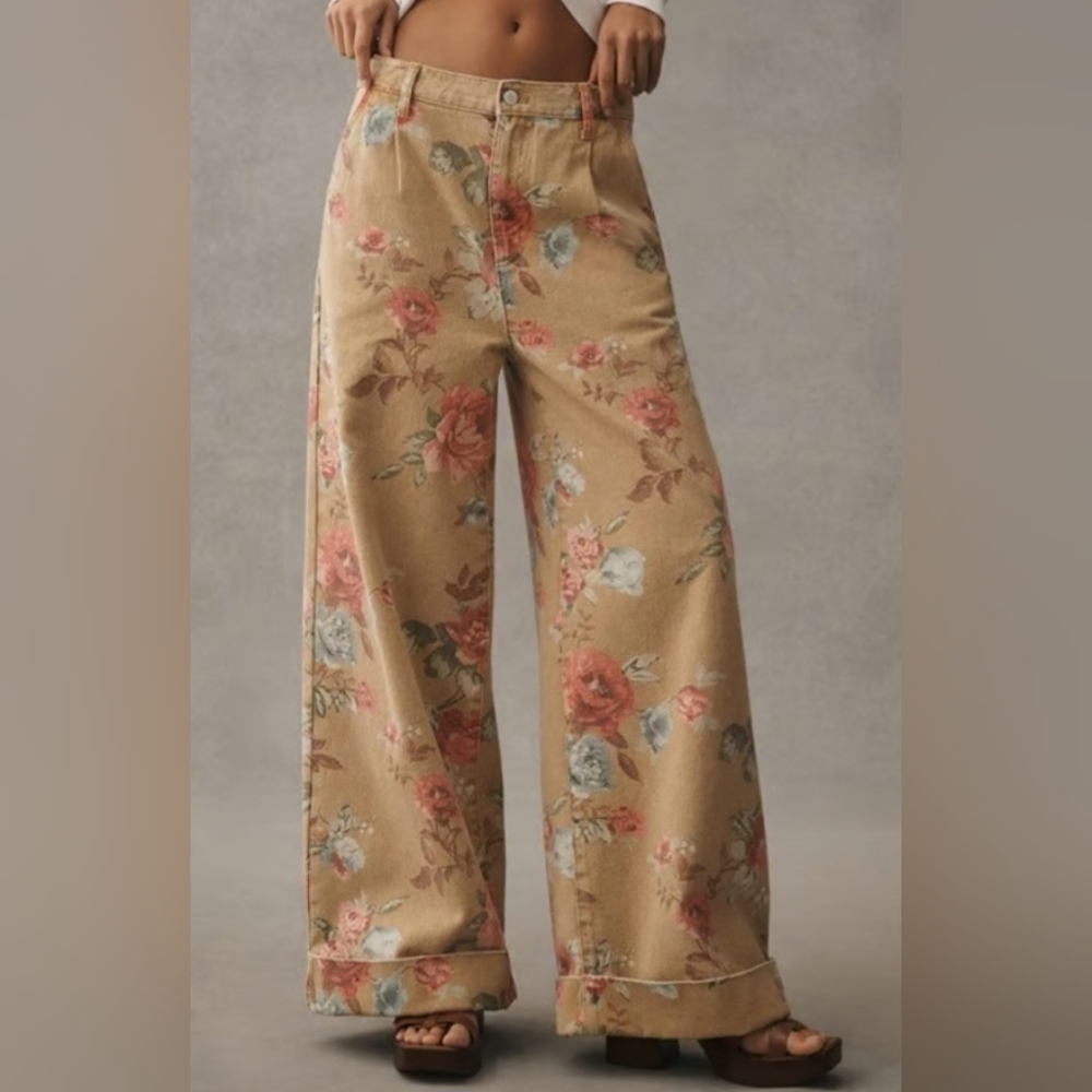 Anthropologie High-Rise Wide Leg Floral Jeans — Tan with Pink & Blue Flowers